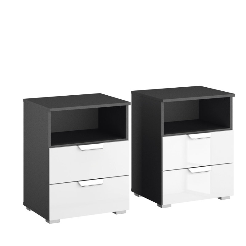 Aditio 2 Drawer Bedside Table, Metallic grey/High-gloss white