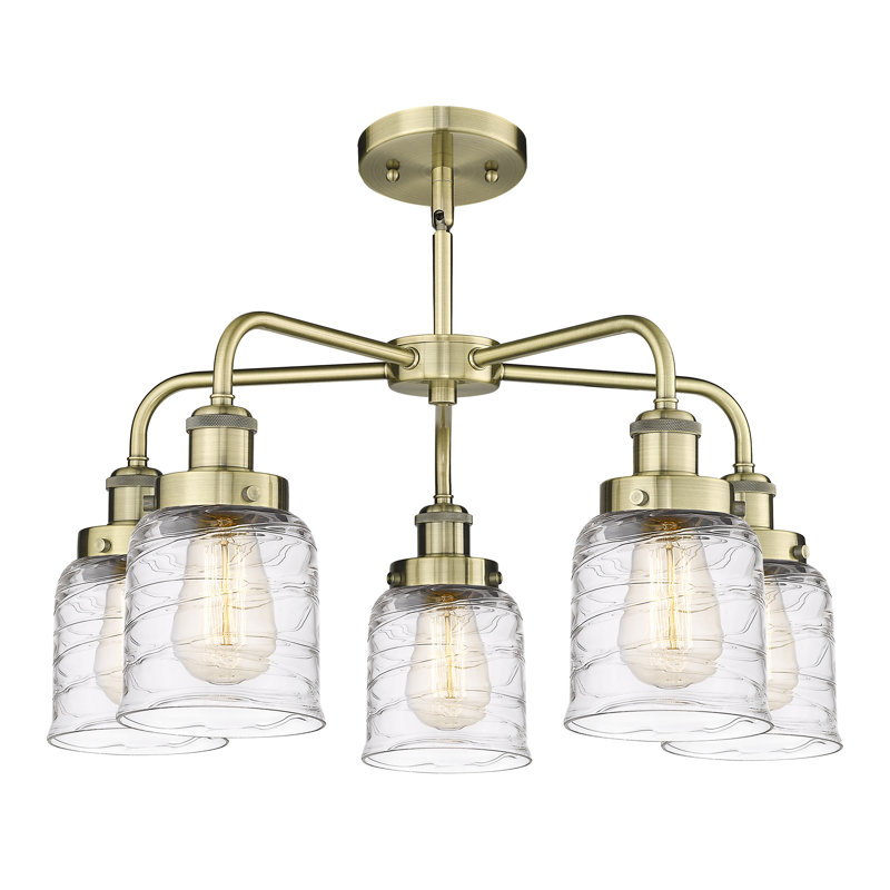 Lustre en verre à 5 lumières Bell, Laiton antique, Tourbillon déco transparent