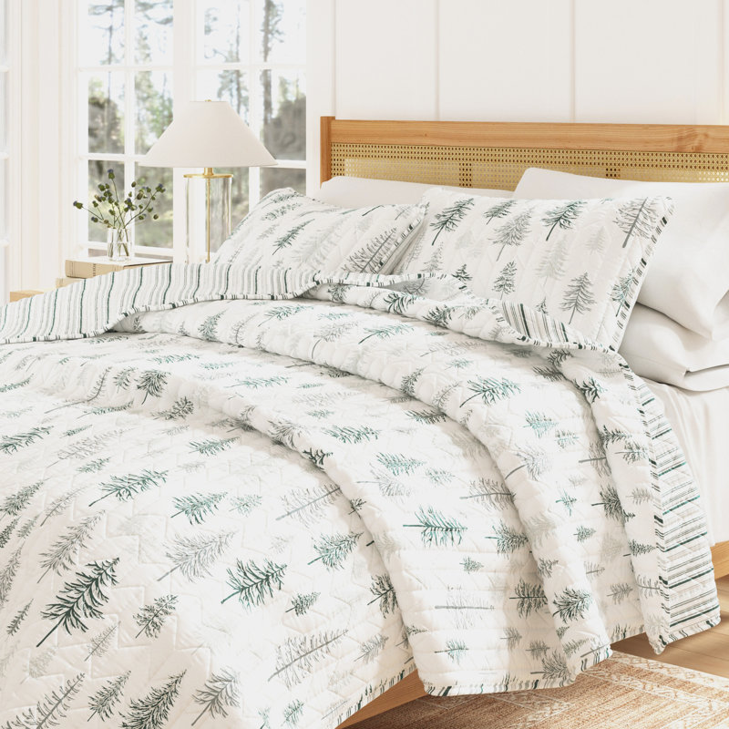 Ensemble de courtepointe réversible en microfibre Lodge Woodland and Patchwork, Twin/Twin XL Quilt + 1 Sham, Gris / vert