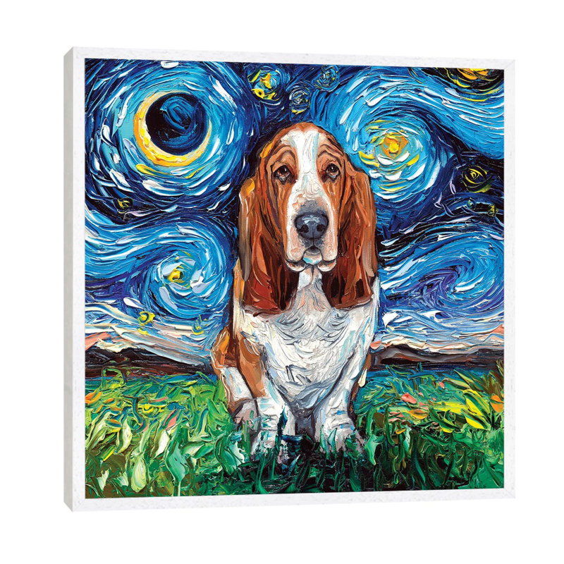 Basset Hound Night by Aja Trier - Floater Frame Painting on Canvas, 66.04 cm H x 66.04 cm W, White Framed