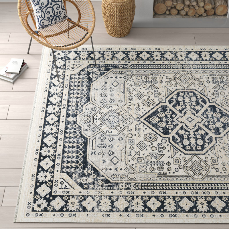 Tapis bleu marine / beige lavable à la machine Dickison, Rond 6 pi 7 po