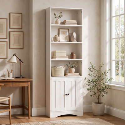 70.8" H x 23.6" W Solid Wood Bookcase , 5 Adjustable Shelves and Cabinet Doors