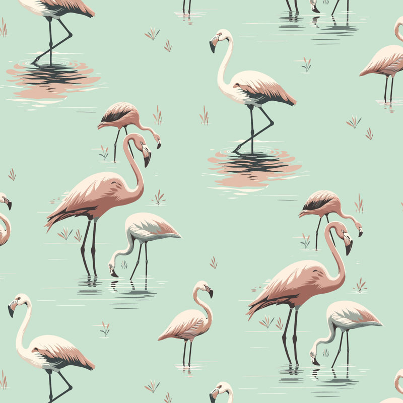 Flamant rose - papier peint vert Caraïbes
