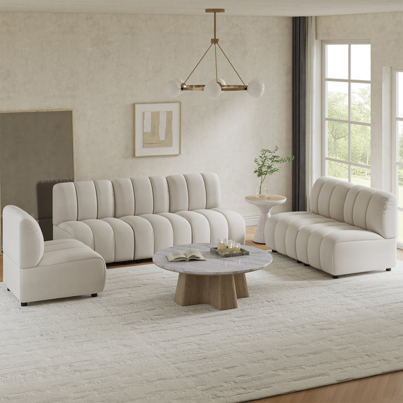 Shalon 84" Modern Chenille 6-Piece Modular Channel Tufted Living Room Sets, Ivory