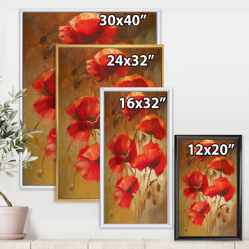 Red Blossoming Poppies IV - peinture sur toile, Toile blanche encadrée, H 40 po x l 30 po x P 1 po