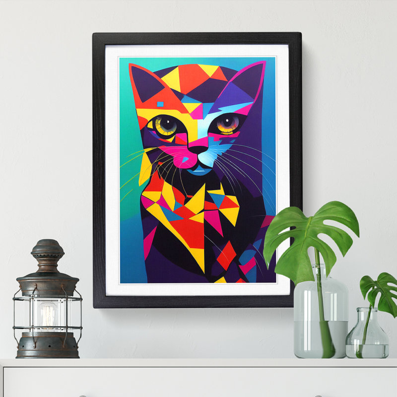 Colourful Abstract Cat Vol.3 - Single Picture Frame Print, 34cm H x 25cm W, Walnut Framed