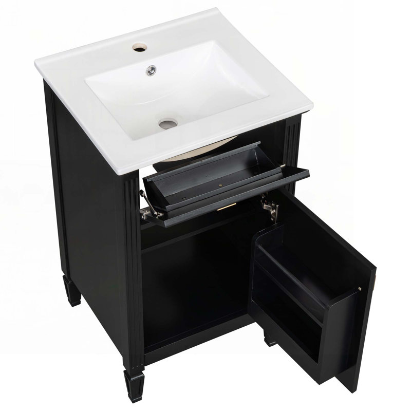 Meuble-lavabo de rangement avec lavabo en céramique, Noir