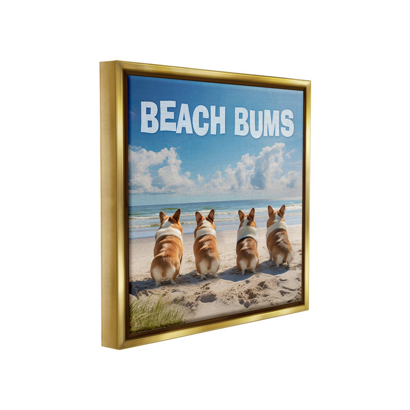 "Beach Bums Corgis" par Jim Baldwin sur, Cadre flottant métallique doré, H 18 po x l 18 po