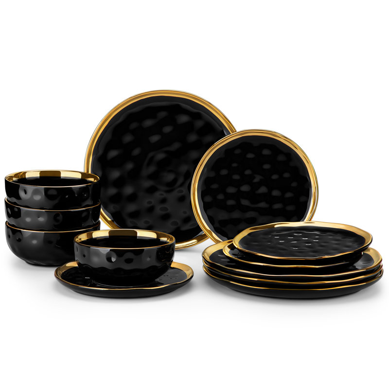 Aiyden 12 Piece Ceramic Dinnerware Set - Service for 4, Gold/Black