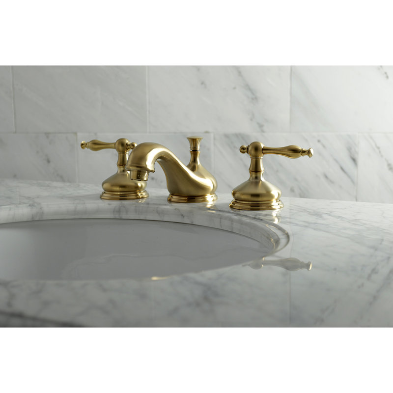 Kingston Brass Heritage Two-Handle 3-Hole Deck Mount Widespread Bathroom Faucet with Brass Pop-Up Drain, Brushed Brass