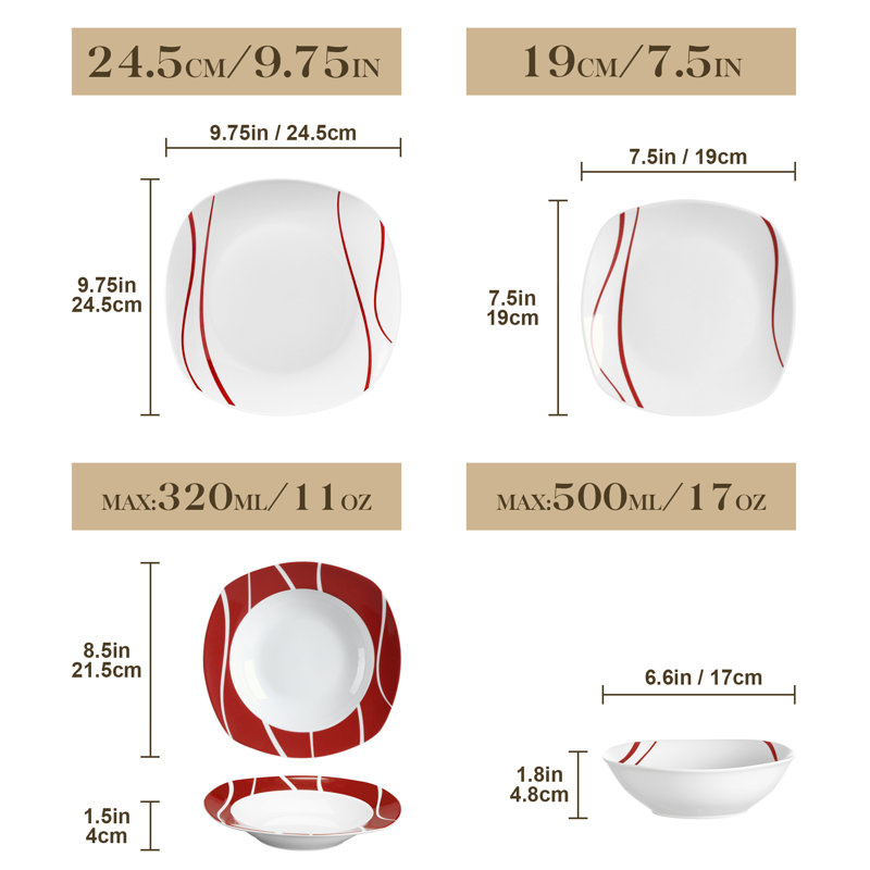 24 Piece Porcelain China Dinnerware Set - Service for 6