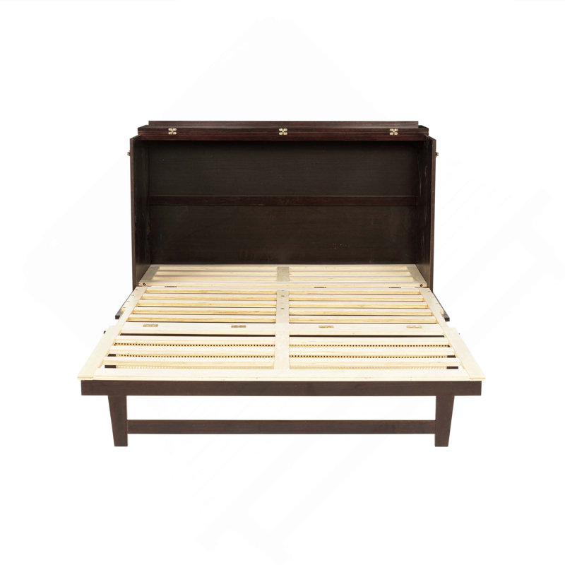 Lit escamotable en pin avec commode décorative en rotin et tiroir de rangement, Espresso