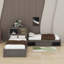 Lit simple en L avec lit gigogne, éclairage à DEL et armoires de rangement, lit d'angle avec bureau et tablettes, lit plateforme en L en bois avec bibliothèque-1960246991
