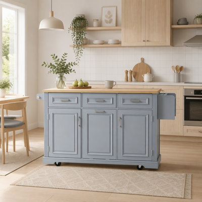 64.6" Large Kitchen Island with Trash Can Storage, Embossed Texture Rolling Kitchen Cart on 4 Wheels (Trash Can Not Included)