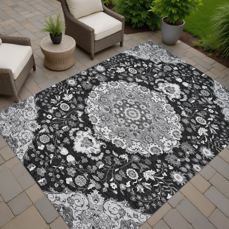 Tapis damassé intérieur / extérieur lavable à la machine ACN2611, 9 pi x 12 pi, Noir