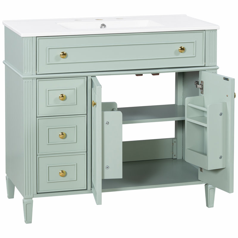 Meuble-lavabo de 36 po avec lavabo, tiroir escamotable, portes et tiroirs à fermeture en douceur, Vert