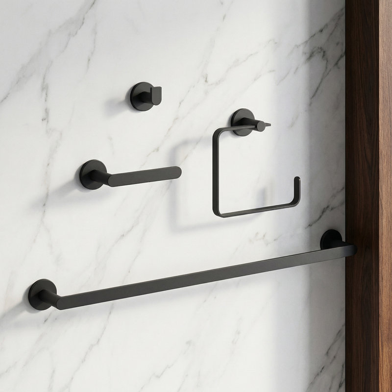 VIGO Arden 4-Piece Matte Black Bathroom Hardware Set with 24-in Towel Bar, Toilet Paper Holder, Hand Towel Holder and Hook