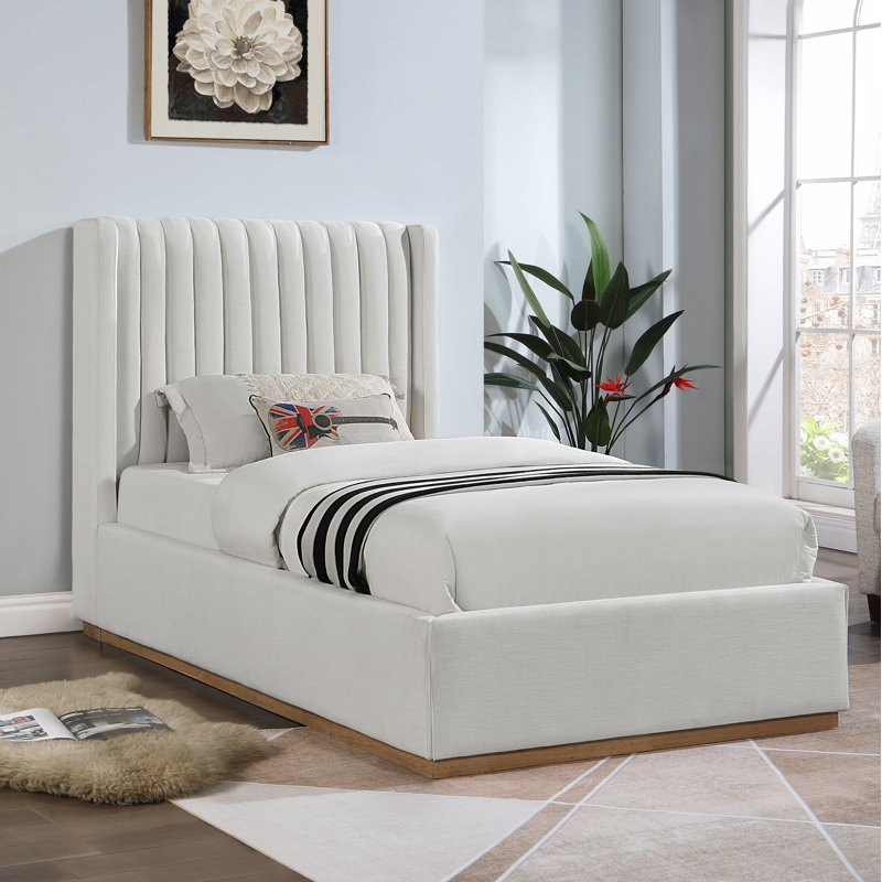 Chamblis Upholstered Wingback Bed, Cream Linen Textured Fabric, Twin