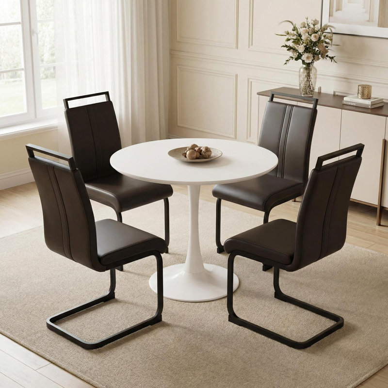 5-piece Round Dining Set With Mid-century Style Pedestal Table & C-leg Chairs