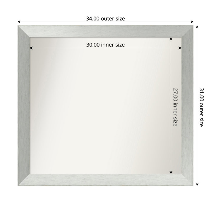 Miroir de salle de bain mural en argent brossé sans cadre, Rectangle, 31 po x 34 po
