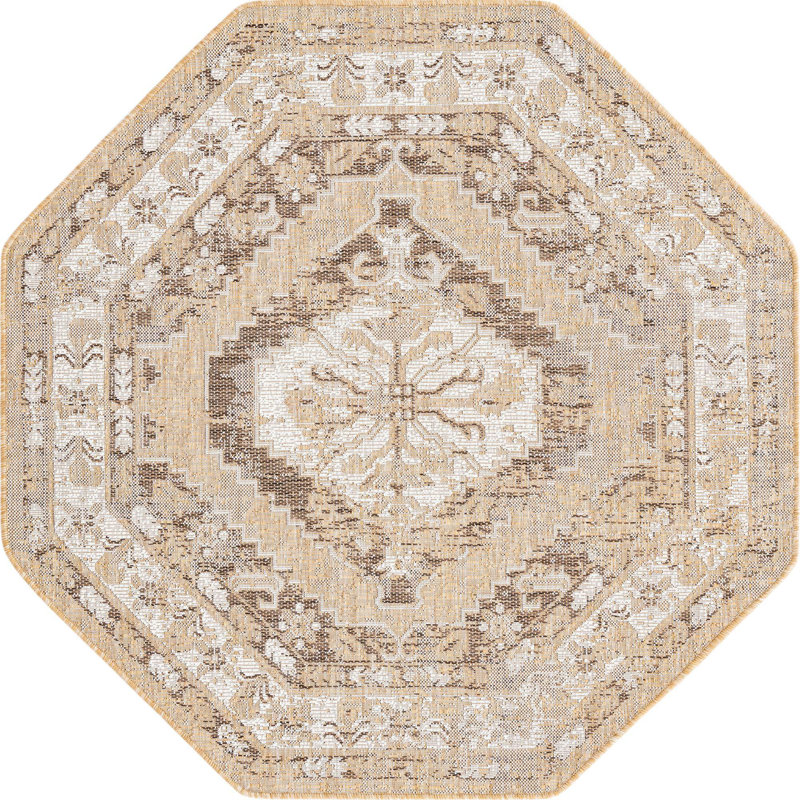 Oriental Machine Woven Polypropylene Indoor / Outdoor Area Rug in Natural, Octagon 5'3" x 5'3"