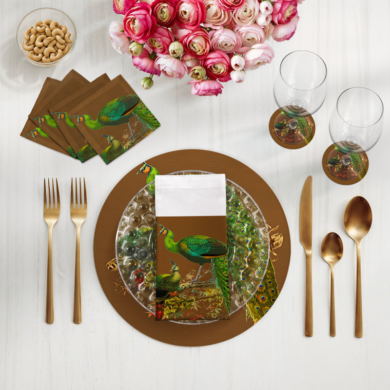 Family Pheasants Vegan Leather Round Pebble Placemat, Brown
