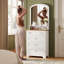 Commode à tiroirs avec station de charge miroir et bande à DEL, armoire à 4 tiroirs avec boutons Cristal, coiffeuse à maquillage moderne