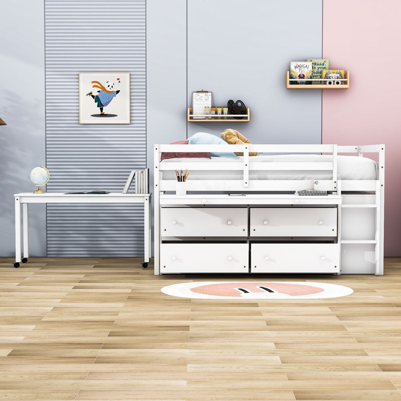 Jakilah Kids Loft Bed with Drawers, White, Twin