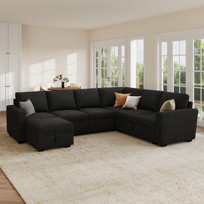 Anureet Latitude Run® Corduroy Sleeper Sectional U Shaped Modular Sofa Bed With Storage Space