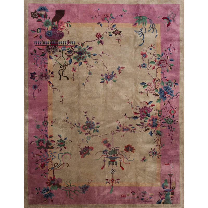 Tapis antique ivoire et rose en laine Art déco