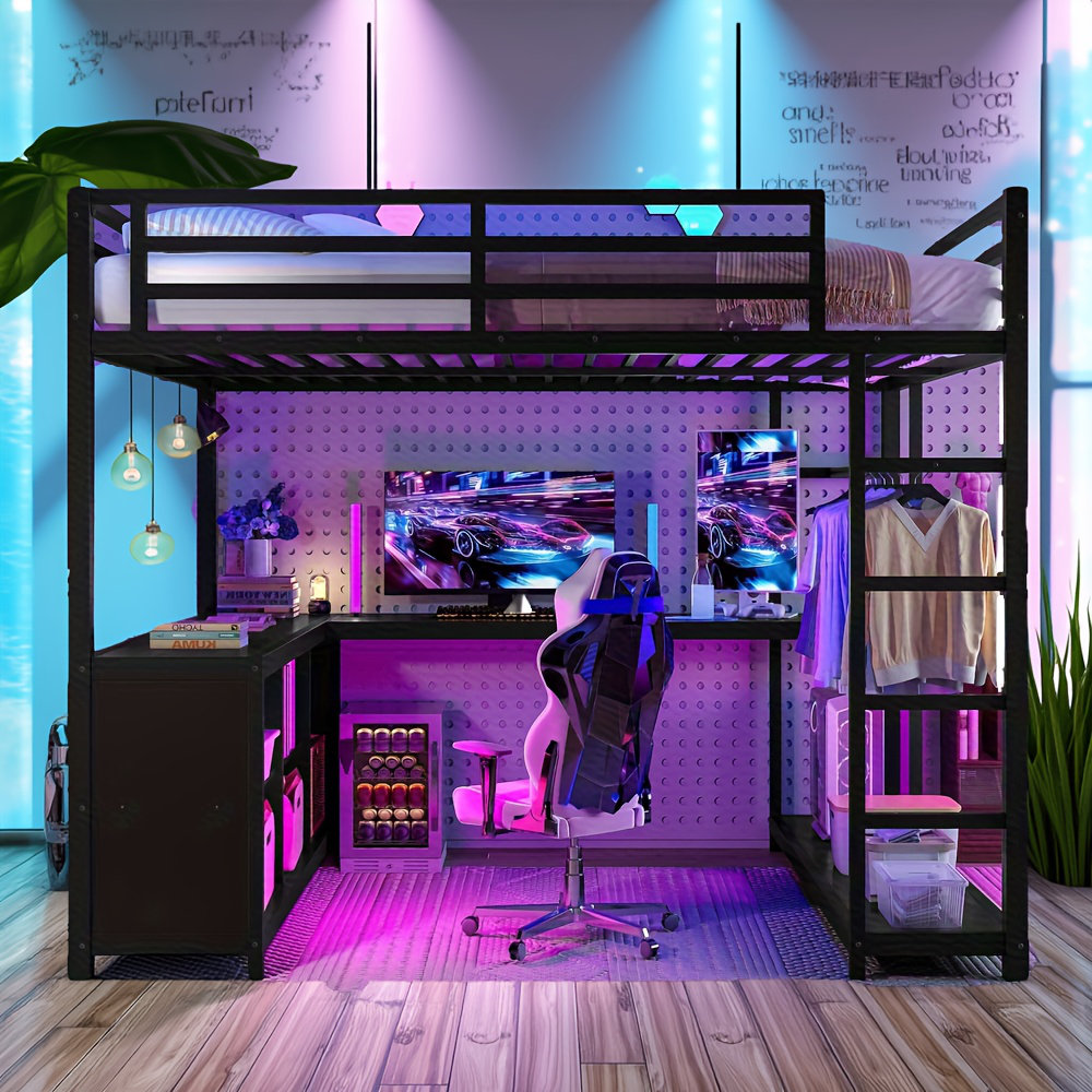 Picture of Brayden Studio® Queen Size Metal Loft Bed With Wardrobe, L-shaped Desk ...