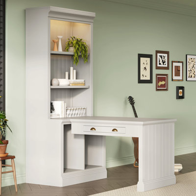 83.4"Tall Bookshelf With Writing Desk, Modern Bookcase With Study Desk, Workstation With Storage Shelf,Storage Bookcase With Open Shelves And LED Lighting For Living Room,Home Office,White
