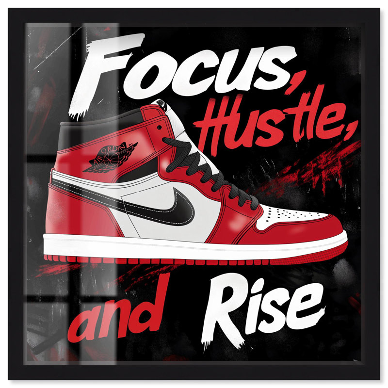 «Hustle and Rise Sneaker Red Shadowbox Print Sneaker» par Art Remedy, H 13 po x l 13 po, Noir