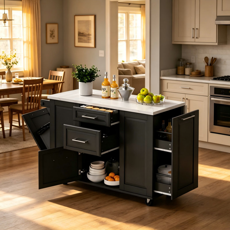 Îlot de cuisine 50,7 po avec rangement pour armoire à ordures inclinable et rangement escamotable, Noir