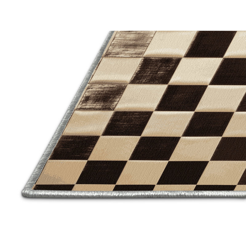 Tapis beige à carreaux lavable à la machine, Rond 7 pi