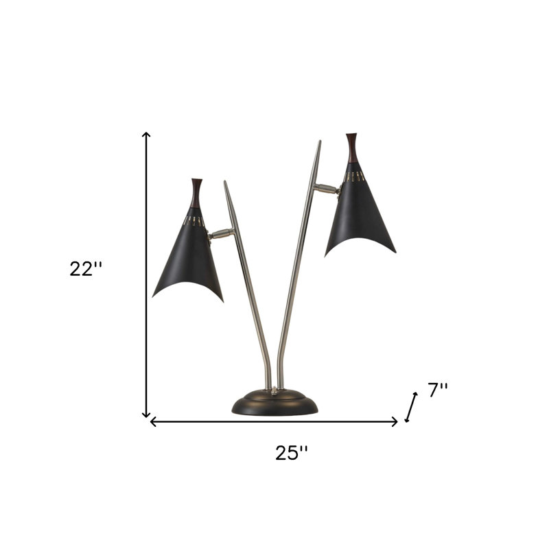 Huguetta 22" Black and Silver Metal Two Light Desk Lamp With Black Cone Shades