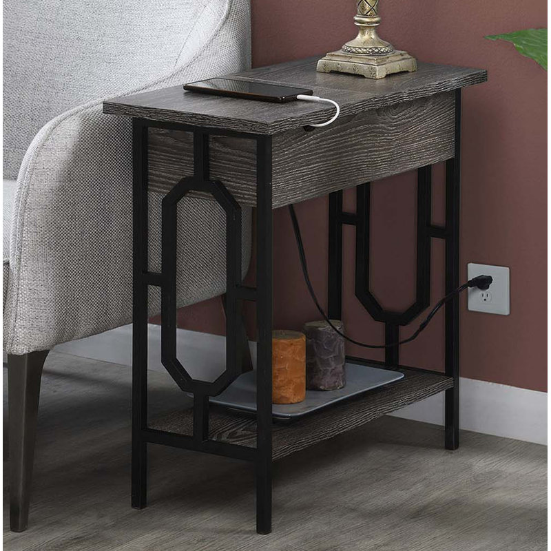 Minburn 24"H End Table with Storage and Built-In Outlets, Weathered Gray