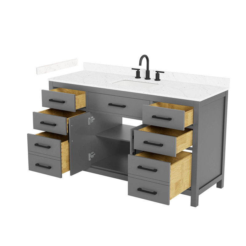 Meuble-lavabo simple 60 po Beckett en gris foncé, comptoir en marbre de culture de Carrare, lavabo carré encastré (3 trous), garniture noir mat