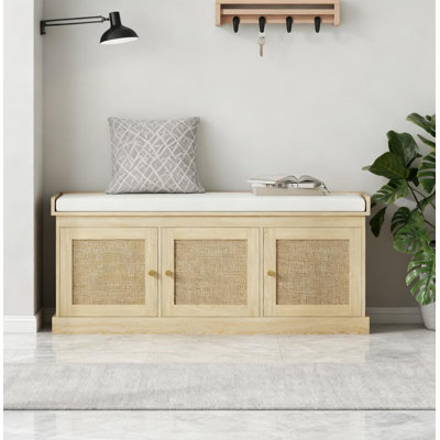 Shoe Storage Bench With Woven Rattan Doors, Shoe Bench