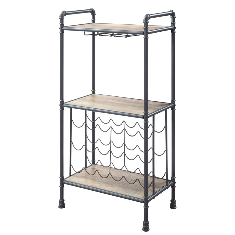 Support à vin en chêne antique et gris sable avec porte-verres à pied, H 45,5 po x l 26,5 po x P 15,5 po