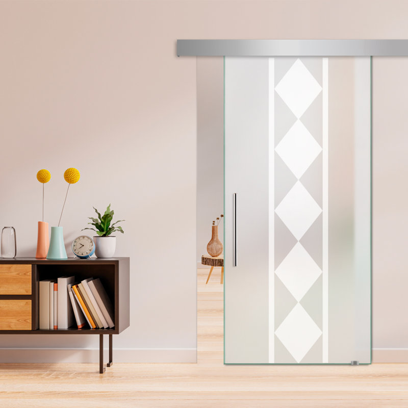 Porte de grange coulissante en verre sans cadre avec design moderne sablé + ensemble de quincaillerie (double-privée), Blanc