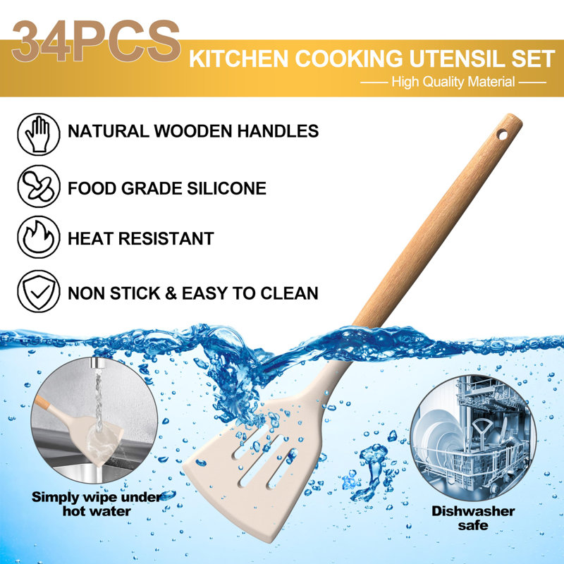 Silicone Cooking Utensils Set, 43Pcs Non-Stick Heat Resistant Kitchen Utensils Spatula Set With Wooden Handle For Baking, Cooking, And Mixing, Best Kitchen Gadgets Tools With Holder (Khaki)
