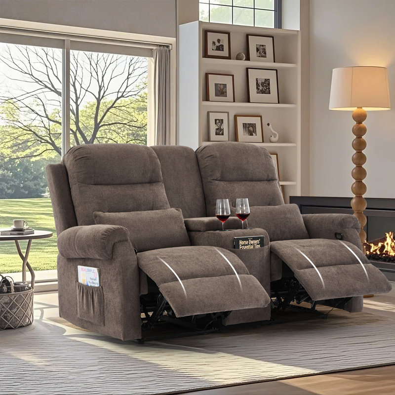 Canapé-lit inclinable manuel 65,7 po avec console de rangement et porte-gobelets, Brun