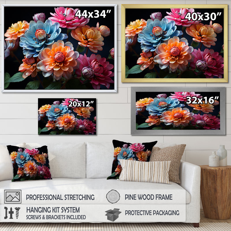 Zinnias illuminée au clair de lune sur toile, H 30 po x l 40 po x P 1,5 po, Cadre flottant doré