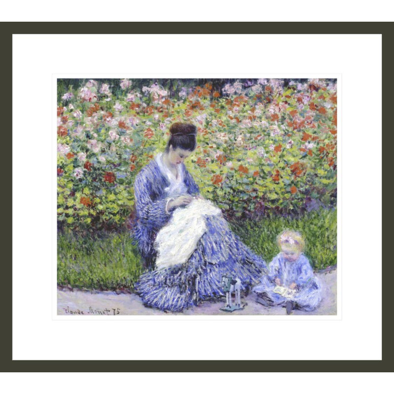 Camille Monet et un enfant dans le jardin de l'artiste à Argenteuil par Claude Monet, impression giclée encadrée