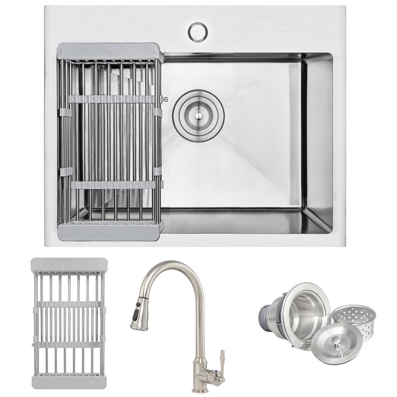 Drop-In 25-in x 22-in Brushed Stainless Steel Single Bowl 1-Hole Kitchen Sink All-in-one Kit