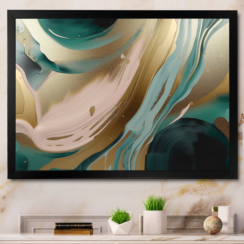 Or et vert marbré Euphoria V - art mural grand marbre abstrait, Cadre simple noir, H 24 po x l 32 po x P 1 po