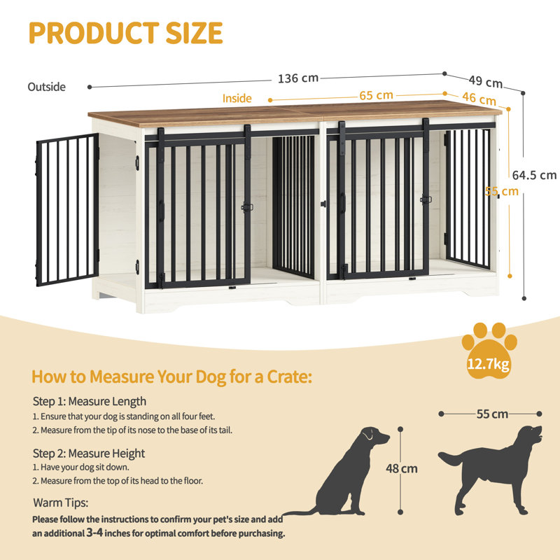 Dog Crate Furniture for 2 Dogs, 136 cm Double Dog Crate with Divider and Barn Door, Wooden Indoor Kennel TV Stand for Medium Small Dogs, 136 x 49 x 64.5 cm, White Brown 