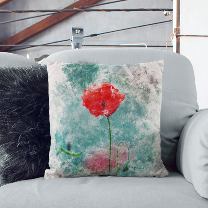 A Lone Poppy Flower Watercolour Scatter Cushion, 55cm H x 55cm W x 20cm D