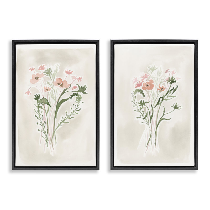 «Simple Watercolor Flowers», ensemble de 2 toiles flottantes encadrées par Elizabeth Medley, Cadre flottant noir de jais